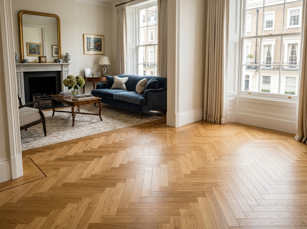 Oak Herringbone Wood Flooring Installation Kensington London